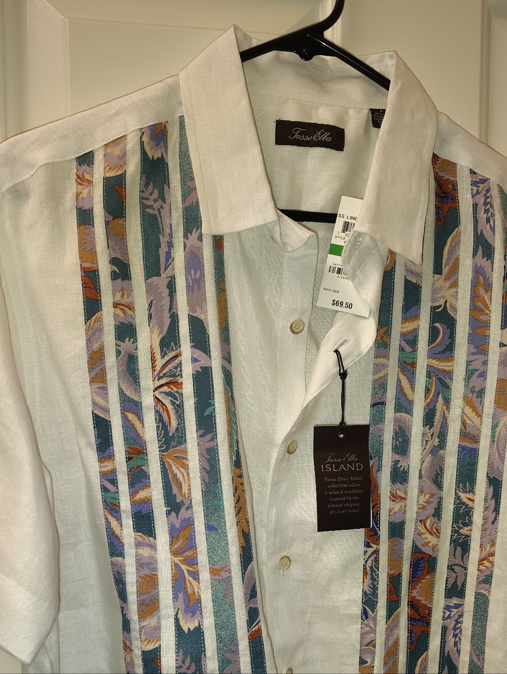 Tasso Elba White Shirt with Teal, Purple and Orange Stripe Panels